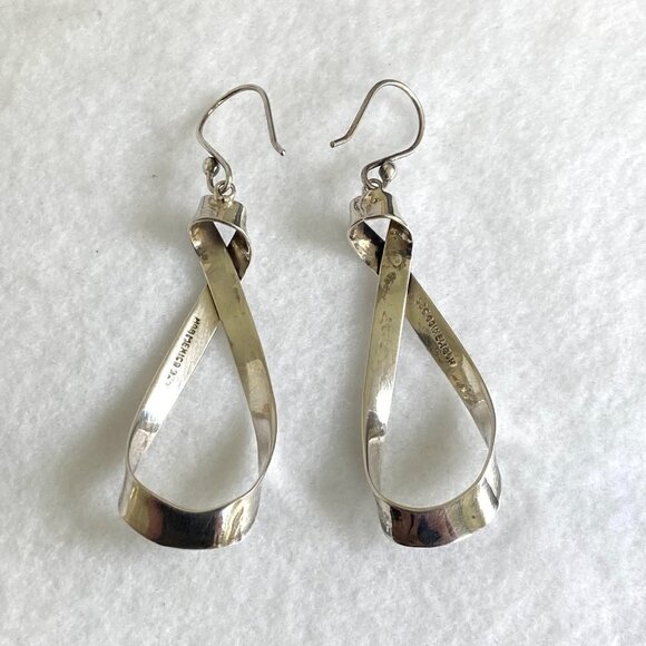 Sterling Silver 925 Mexico HOB 2.36" Modernist Twisted Elongated Hoop Earrings - Picture 8 of 16